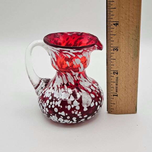 Pilgrim Glass Mini Pitcher Red Cranberry White Splatter Handle Spout Vintage - Picture 9 of 10